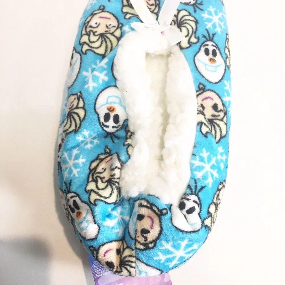 Frozen Disney Emoji Slippers‎ Socks Blue Elsa Olaf Fleece Sz Youth M/L 13-4